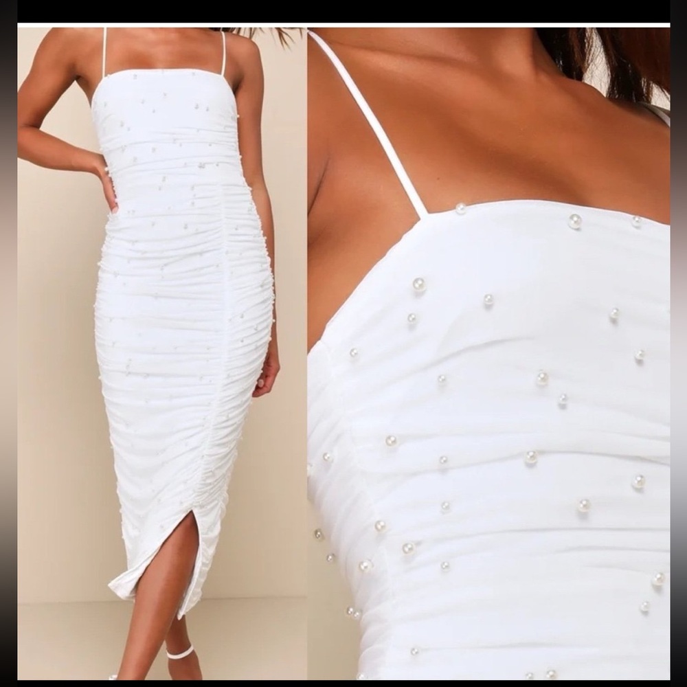 Lulu's White Pearl-Embellished Midi Dress